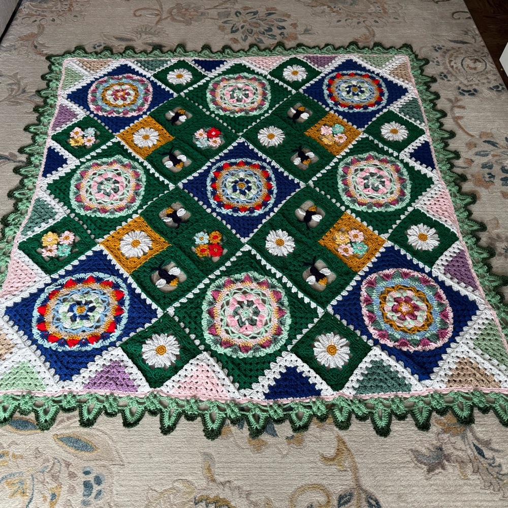 Secret garden style floral granny afghan Handmade Crochet blanket 75” x 75”